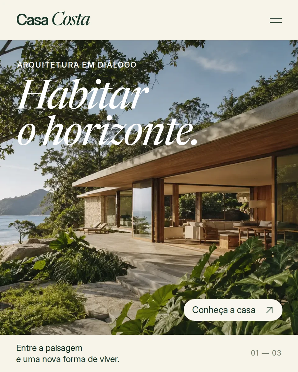 Estudo conceitual do site Casa Costa, com identidade visual e navegação editorial.